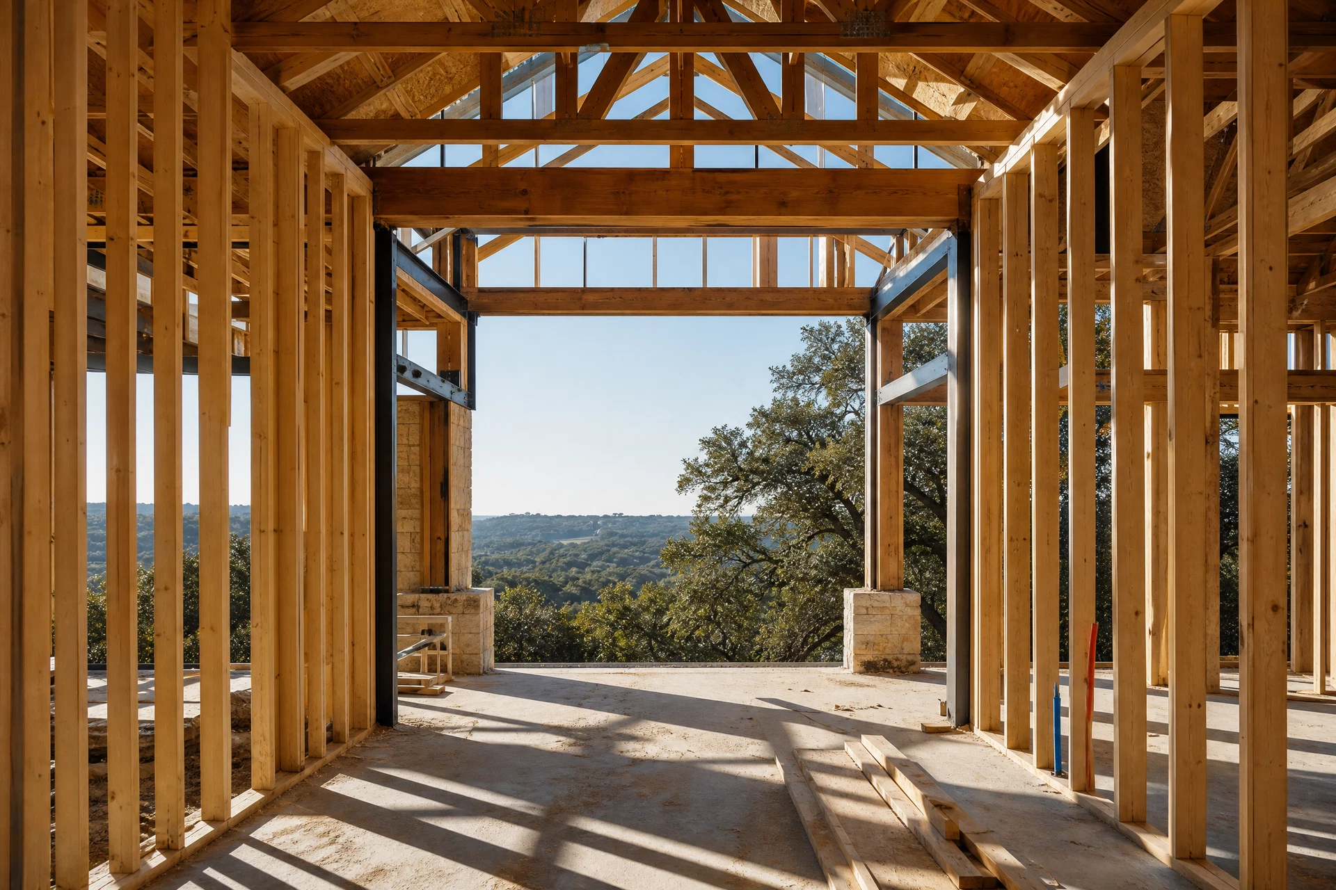 Timber framing at a Texas custom-home construction site