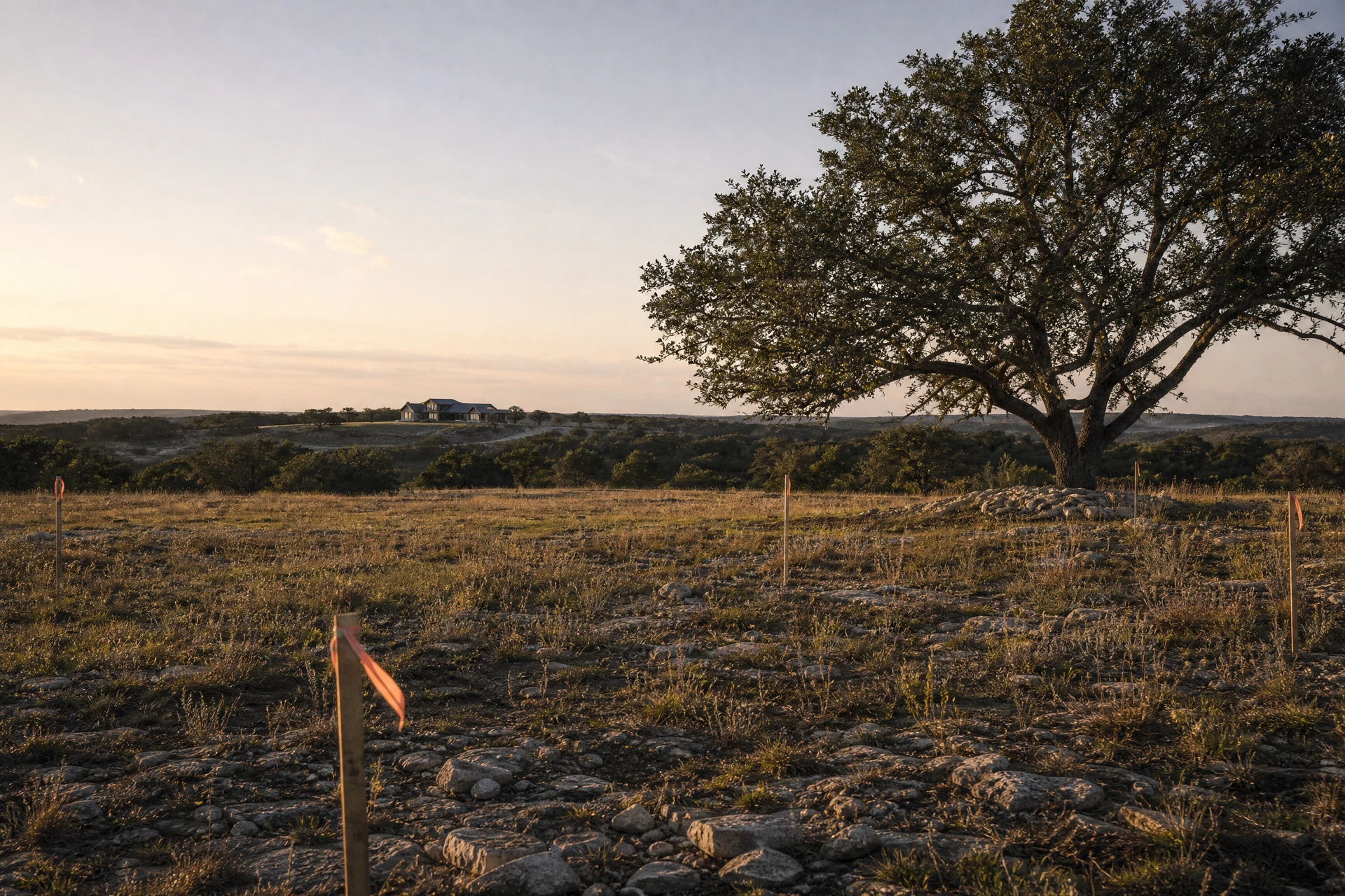 Surveyed buildable acreage in Central Texas at dawn