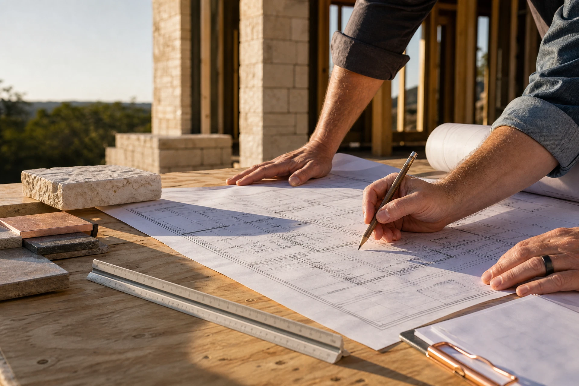Construction plans being reviewed on a job-site table